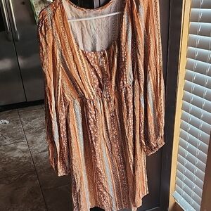 Ces Femme Rust and Cream Striped Long-Sleeve Mini Dress